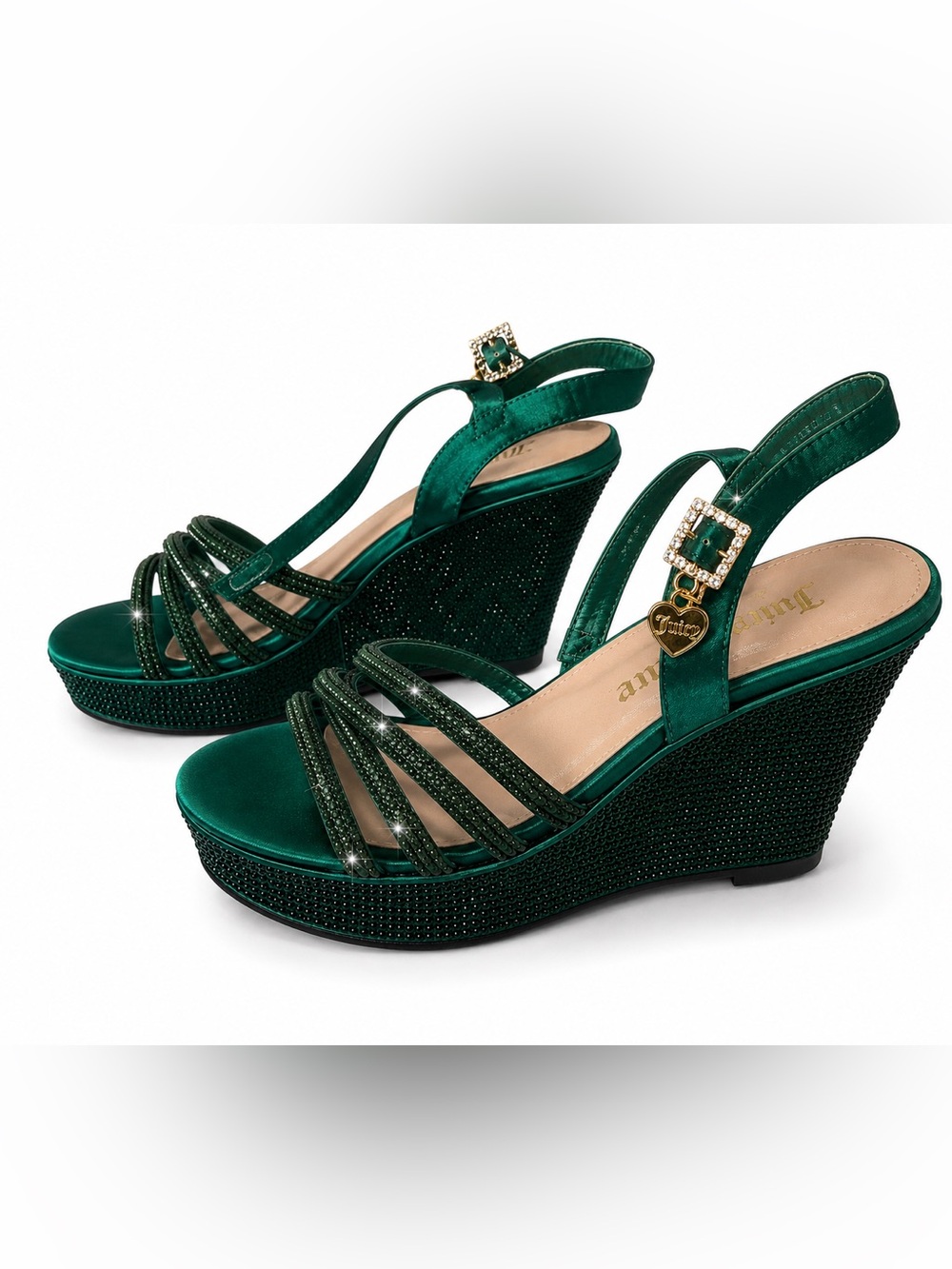 Vintage Juicy Couture Emerald Green Rhinestone Wedge Sandals Y2K Glam
